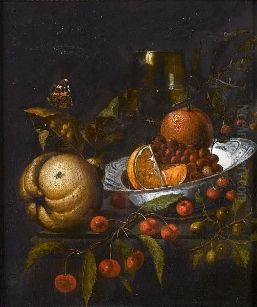 A Blue And White Wan-li Kraak 
Bowl Filled With Oranges And Wild Strawberries On A Stone Ledge With A 
Pear, A Roemer, Cherries And A Butterfly Oil Painting by Marten Nellius