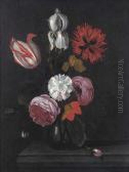 A Parrot Tulip, Roses, An Iris And Other Flowers In A Glass Vase Ona Stone Ledge Oil Painting by Marten Nellius