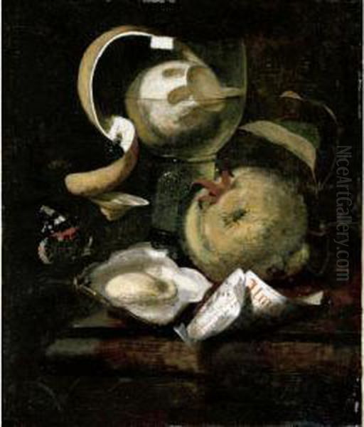 Still Life Of A Peeled Lemon In A
 Roemer, An Apple, Paper, Oyster And Butterfly On A Ledge Oil Painting by Marten Nellius