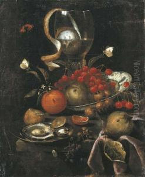 A Partly-peeled Lemon In A Giant
 Roemer, A Wan-li Dish Withcherries, Apples And Oranges, And A Pewter 
Plate With Oysters And Awalnut, With A Pear, Blackberries And 
Butterflies On A Partlydraped Stone Ledge Oil Painting by Marten Nellius