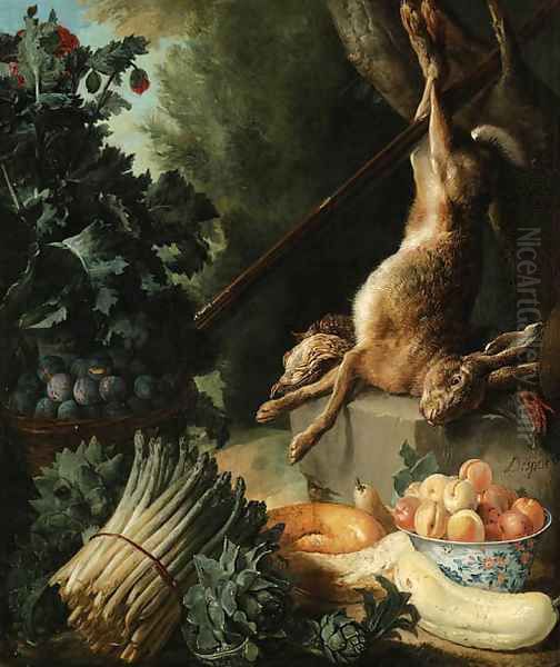 A hunting still life with a dead hare and game birds on a stone plinth with asparagus, artichokes, a cucumber and a pear Oil Painting by Alexandre-Francois Desportes