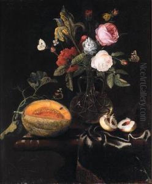 Roses, An Iris And Other Flowers
 In A Glass Vase, A Melon And Apeach With Butterflies On A Draped Marble
 Table Oil Painting by Marten Nellius