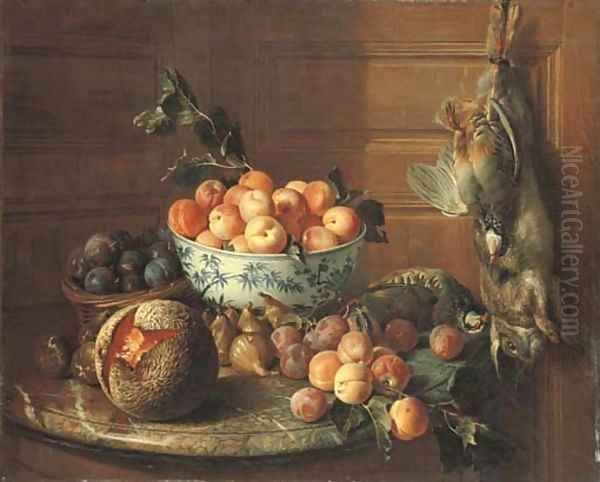 Plums in a basket and apricots in a blue and white bowl, with figs, a melon, plums, peaches and a red-legged partridge on a marble shelf, by a rabbit Oil Painting by Alexandre-Francois Desportes