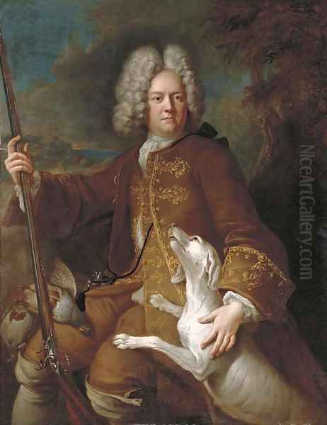 Portrait of a huntsman, seated, three-quarter-length, holding a rifle, in a landscape with his dog Oil Painting by Alexandre-Francois Desportes