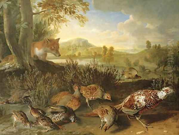 English and French partridge, a covey of quail and an ornamental pheasant disturbed by a fox, on a riverbank Oil Painting by Alexandre-Francois Desportes