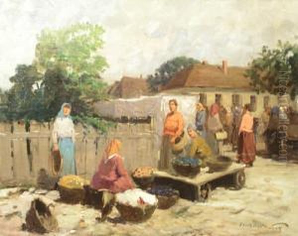 Street Vendors Oil Painting by Gyula Gyertyanyi Nemeth