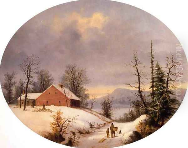 Winter Farmyard and Travelers Oil Painting by George Henry Durrie