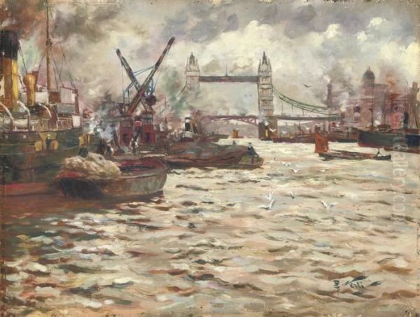 Tower Bridge From The Thames, London Oil Painting by Girolamo Pieri B. Nerli