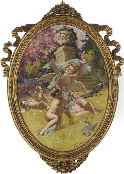 Cherubs In A Summer Garden Oil Painting by Girolamo Pieri B. Nerli