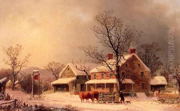 Oxen Hauling Logs on a Sled Oil Painting by George Henry Durrie