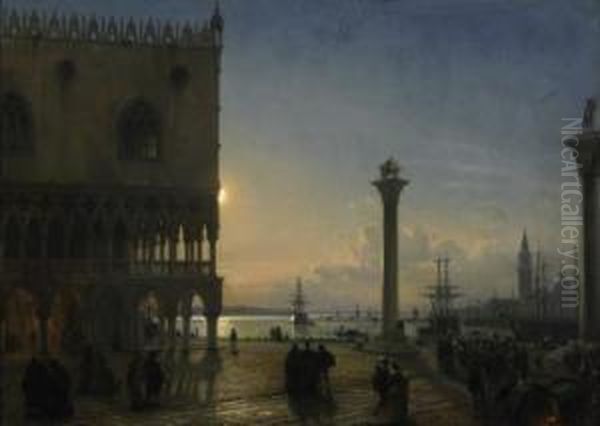 Moonlit Piazetta. Signed Below Left: F. Nerly. Oil On Canvas. 81 X 111,5cm. Framed. Oil Painting by Friedrich Nerly