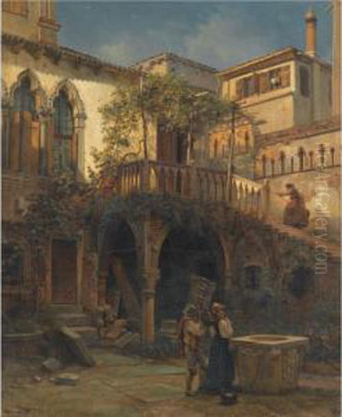 Hof In Venedig (a Courtyard In Venice) Oil Painting by Friedrich Nerly