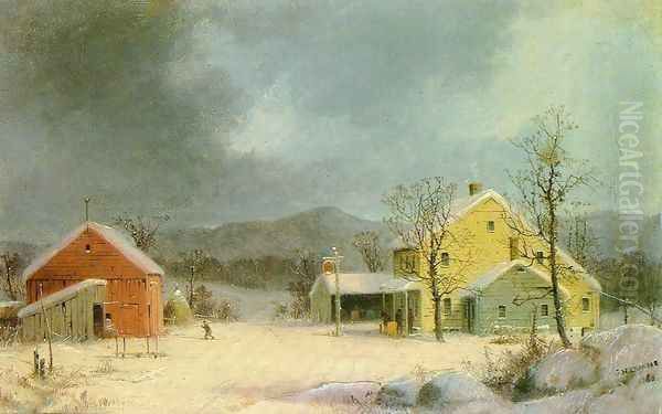 Yellow Farmhouse in Winter Oil Painting by George Henry Durrie