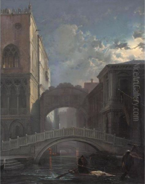 Seufzerbrucke Im Mondlicht, Venedig (the Bridge Of Sighs By Moonlight) Oil Painting by Friedrich Nerly