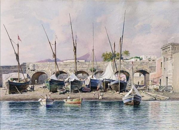 View Of A Dock Yard In An Italian Town Oil Painting by Friedrich Nerly