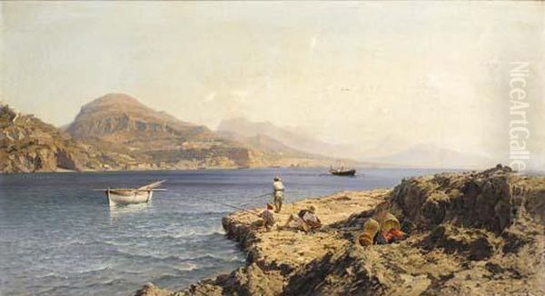 Fishermen On A Rocky Island Off Capri Oil Painting by Friedrich Nerly