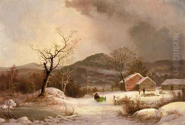 Farmstead and Sleigh in Winter Oil Painting by George Henry Durrie