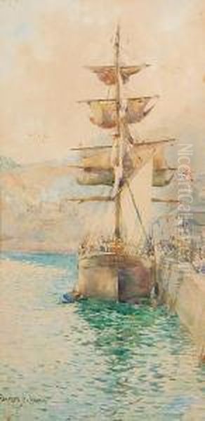 Tall Ship In A Harbour Oil Painting by Frances E. Nesbitt