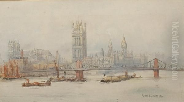 A View Of Westminster Cathedral And The Houses Of Parliament From The Thames Oil Painting by Frances E. Nesbitt