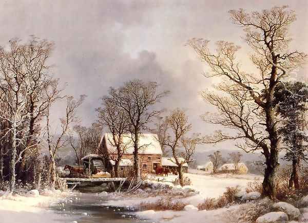 Winter in the Country, The Old Grist Mill Oil Painting by George Henry Durrie