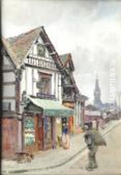 Old Houses On The Welsh Bridge, Shrewsbury Oil Painting by Arthur Netherwood