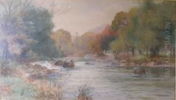 An Autumnal River Landscape Oil Painting by Arthur Netherwood