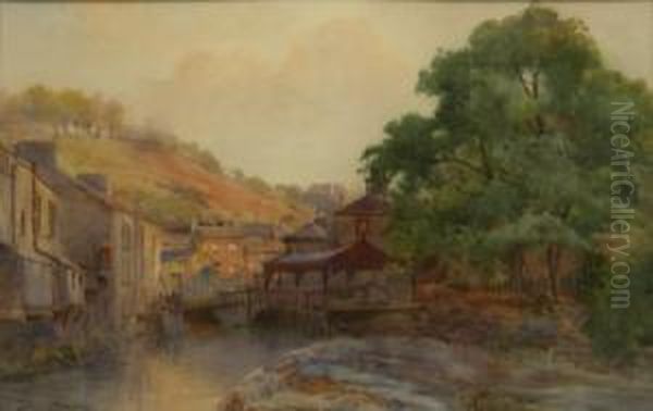 River Scene With Houses Oil Painting by Arthur Netherwood