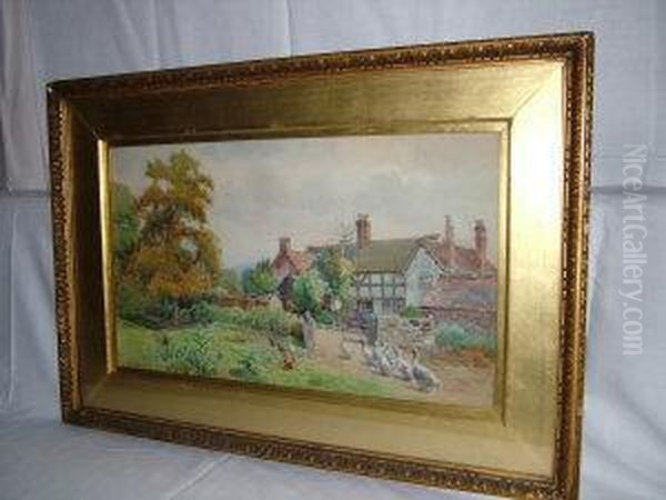 A Study Of A Country House With A Paddock, Geese And Hens Oil Painting by Arthur Netherwood