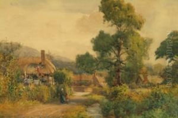 Figures On A Country Lane By A Thatched Cottage, Village Beyond, Signed Lower Left Oil Painting by Arthur Netherwood