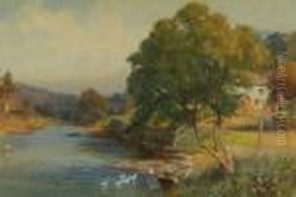 The Seven Valley From Iron 
Bridge, Figures In A River Landscape, Signed Lower Left, Title Verso, 
Watercolour, Heightened White, 36cms X 65cms See Illustration by Arthur Netherwood