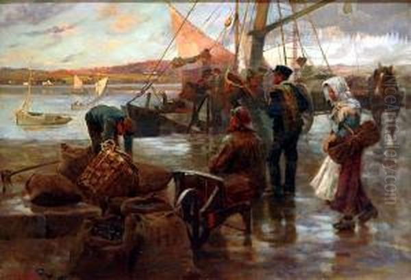 Landing Fish On The Quay by Arthur Netherwood