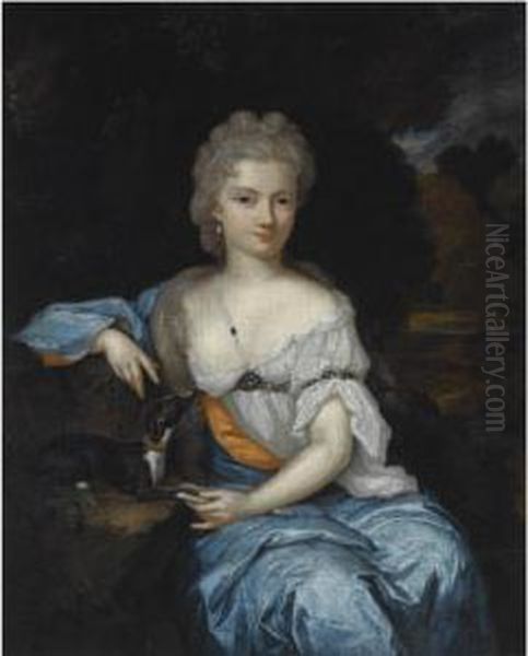 Portrait Of A Young Woman, 
Seated Three-quarter Length, Wearing Ablue And White Dress, With A Dog, 
In A Park Setting Oil Painting by Constantin Netscher