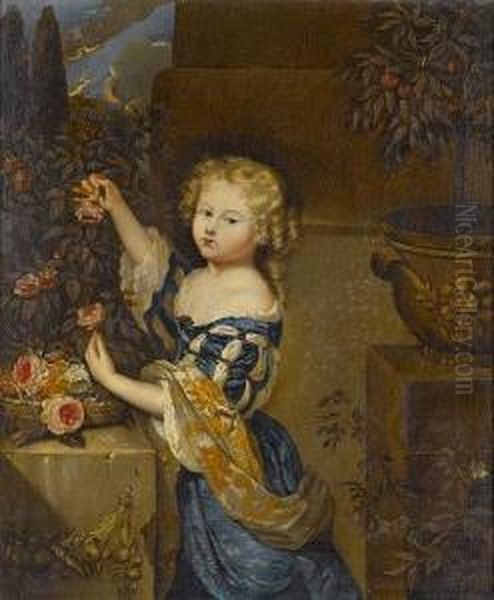 Portrait Of A Young Girl, 
Smallthree-quarter-length, In A Blue Dress With A Gold Wrap, 
Pickingroses, A Basket Of Flowers On A Stone Plinth At Her Side Oil Painting by Constantin Netscher