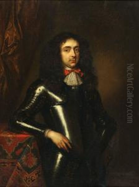 Portrait Of Agentleman In 
Armour, Three Quarter Length Standing, His Right Armresting On A Table Oil Painting by Constantin Netscher