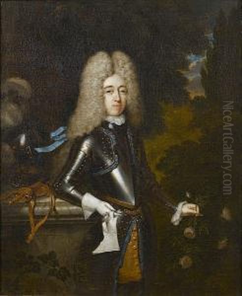 Portrait Of William North, Sixth
 Baron North, Second Baron Grey Of Rolleston, And Jacobite Earl North 
(1678-1734), Three-quarter-length, In Armour, Standing Beside A Marble 
Ledge On Which Rest His Helmet And Sword, In A Landscape; And Portrait 
Of  Oil Painting by Constantin Netscher