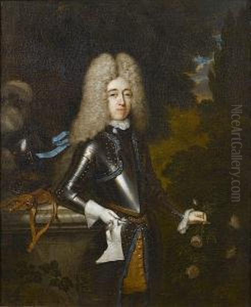 Portrait Of William North, Sixth
 Baron North, Second Baron Grey Of Rolleston, And Jacobite Earl North 
(1678?1734), Three-quarter-length, In Armour, Standing Beside A Marble 
Ledge On Which Rest His Helmet And Sword, In A Landscape; And Portrait 
Of  Oil Painting by Constantin Netscher