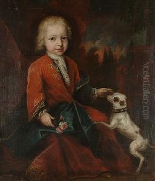 Portrait Of A Young Child, 
Seated, Full-length In A Red Robe And A Blue Wrap, Holding A Posy Of 
Flowers And Stroking A Dog, A Park Landscape Beyond Oil Painting by Constantin Netscher