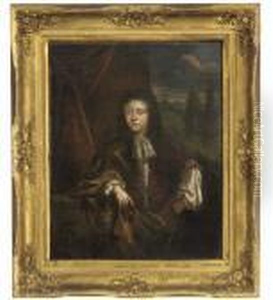 Portrait Of A Gentleman, Small Three-quarter-length, In A Brownwrap Oil Painting by Constantin Netscher