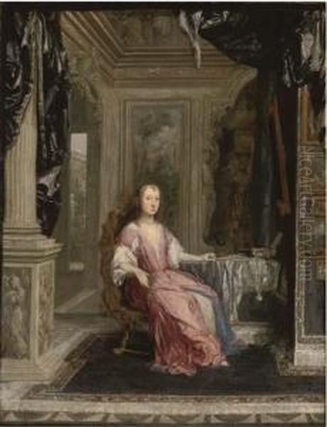 Portrait Of A Lady, Seated 
Full-length, In An Interior, Holding Astring Of Pearls In Her Right Hand Oil Painting by Constantin Netscher