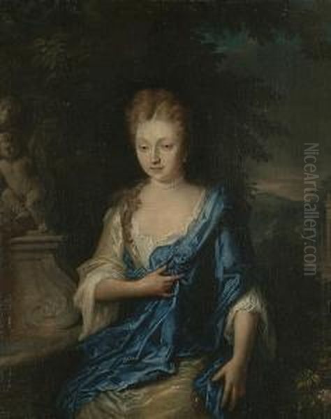 Portrait Of A Lady Wearing A White And Blue Dress, Seated In A Garden Oil Painting by Constantin Netscher