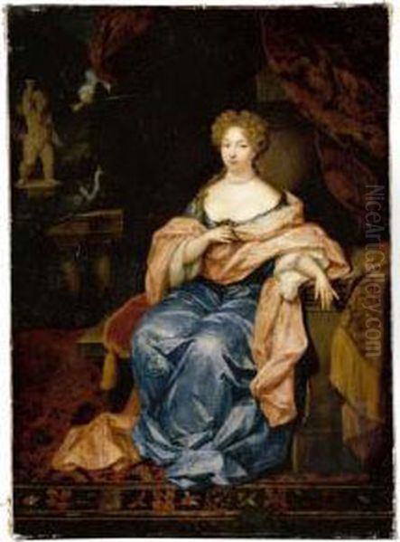 Portrait Of A Lady Seated In An 
Interior, Full Length, Wearing A Blue Silk Dress With A Pink Silk Shawl Oil Painting by Constantin Netscher