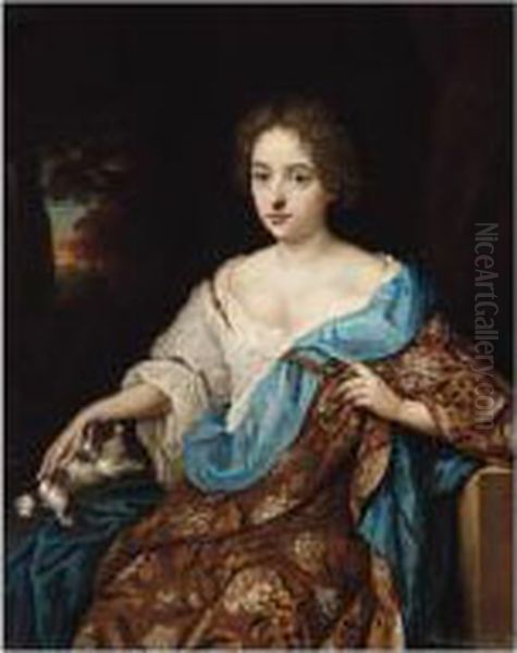 Portrait Of A Lady, Three 
Quarter Length, Seated, Wearing A Brown Embroidered Dress And Blue 
Mantle, With Her Pet Dog Oil Painting by Constantin Netscher