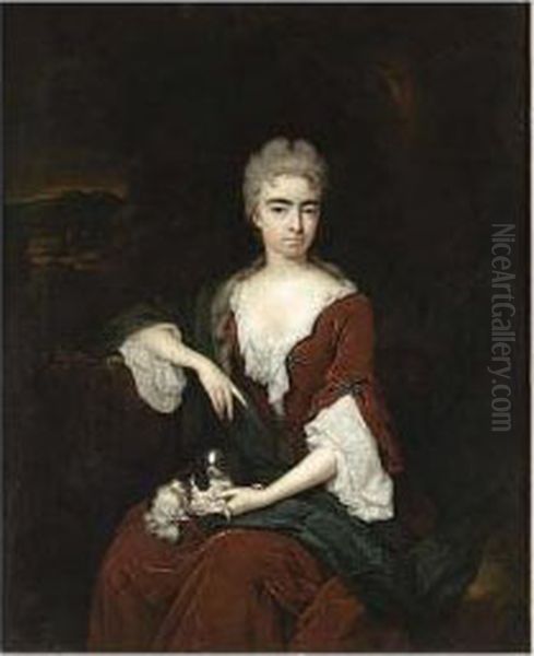 A Portrait Of A Lady, Believed 
To Be Of Lady Elisabeth Noel, Countess Of Portland (1688-1736/7), 
Seated Three Quarter Length, Wearing A Dark Red Velvet Dress And A 
Blue Shawl, Holding A Lapdog Oil Painting by Constantin Netscher