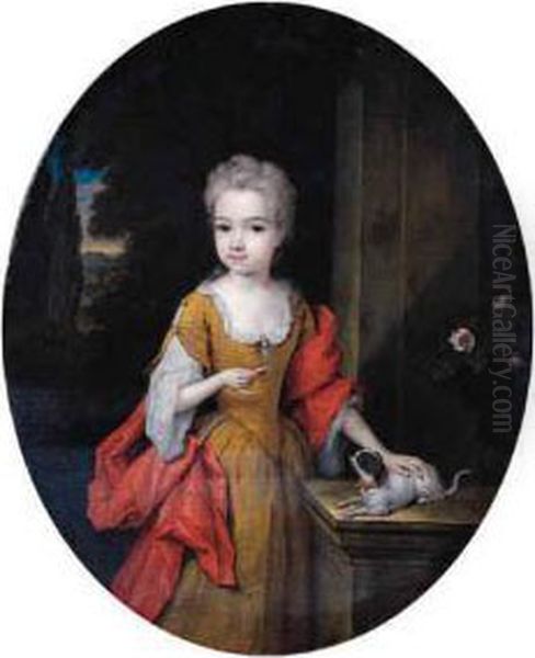 Portrait Of Henriette Bentinck 
(1705-1792), Later Countess Of Clanbrassill, Standing Small 
Three-quarter Length, On A Terrace,wearing A Yellow Silk Dress, Lace 
Chemise And Red Wrap, Holding Abiscuit In Her Right Hand, Her Left Hand 
Resting On Her  Oil Painting by Constantin Netscher