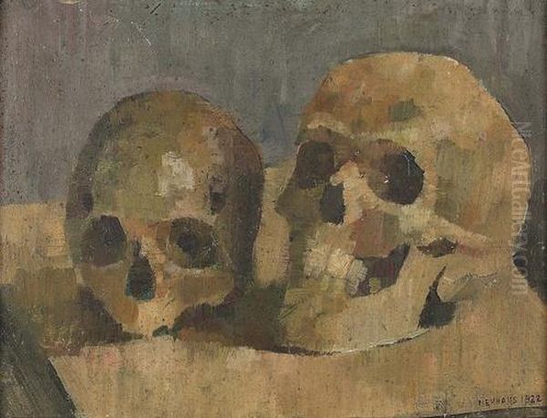 Stillleben Mit Totenkopfen Nach Cezanne. Oil Painting by Werner Neuhaus