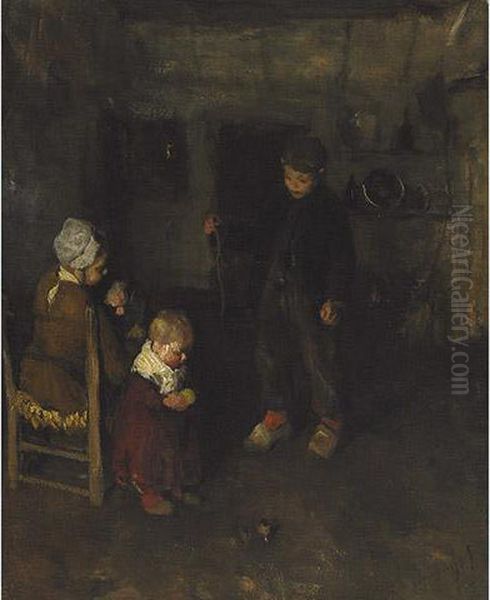 Children Playing With A Top In A Kitchen Interior Oil Painting by Albertus Johan Neuhuys