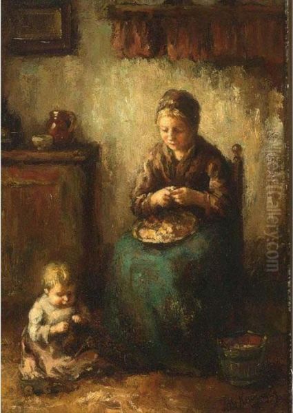 A Cottage Interior With A Mother Peeling Potatoes, Her Child Playing On The Floor Oil Painting by Albertus Johan Neuhuys