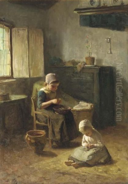 Mother's Little Helpers Oil Painting by Albertus Johan Neuhuys