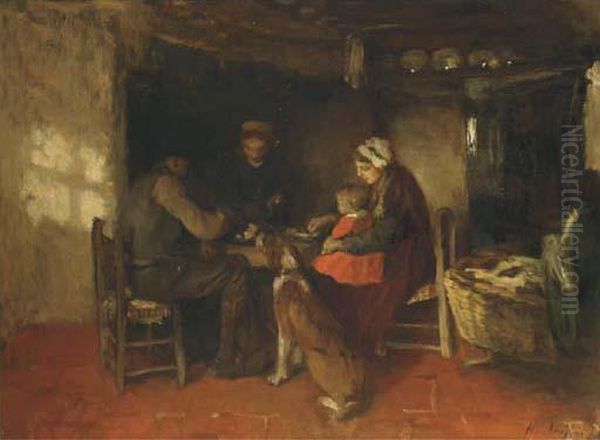 Familie Aan De Maaltijd: A Family Meal Oil Painting by Albertus Johan Neuhuys