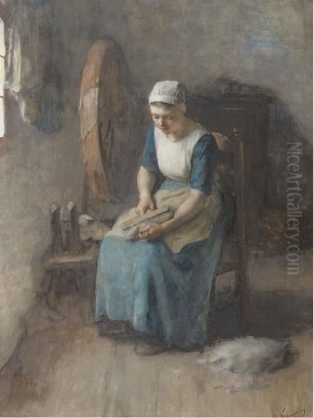 Combing The Wool Oil Painting by Albertus Johan Neuhuys